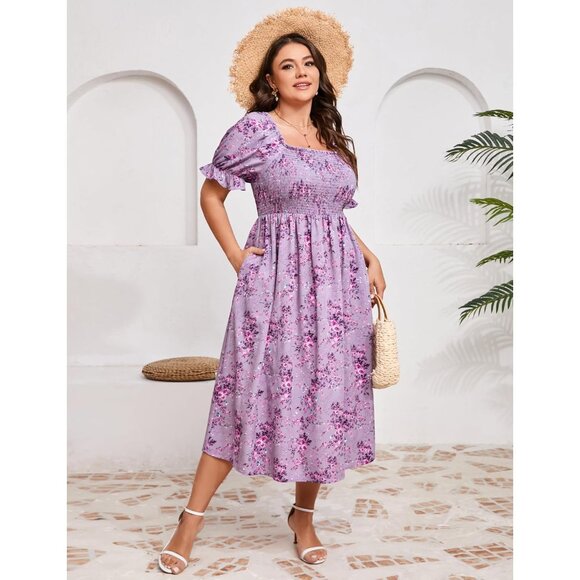 Womens Floral Smocked Ruffle Square Neck Midi Dress Plus Size Summer Casual - Picture 4 of 6
